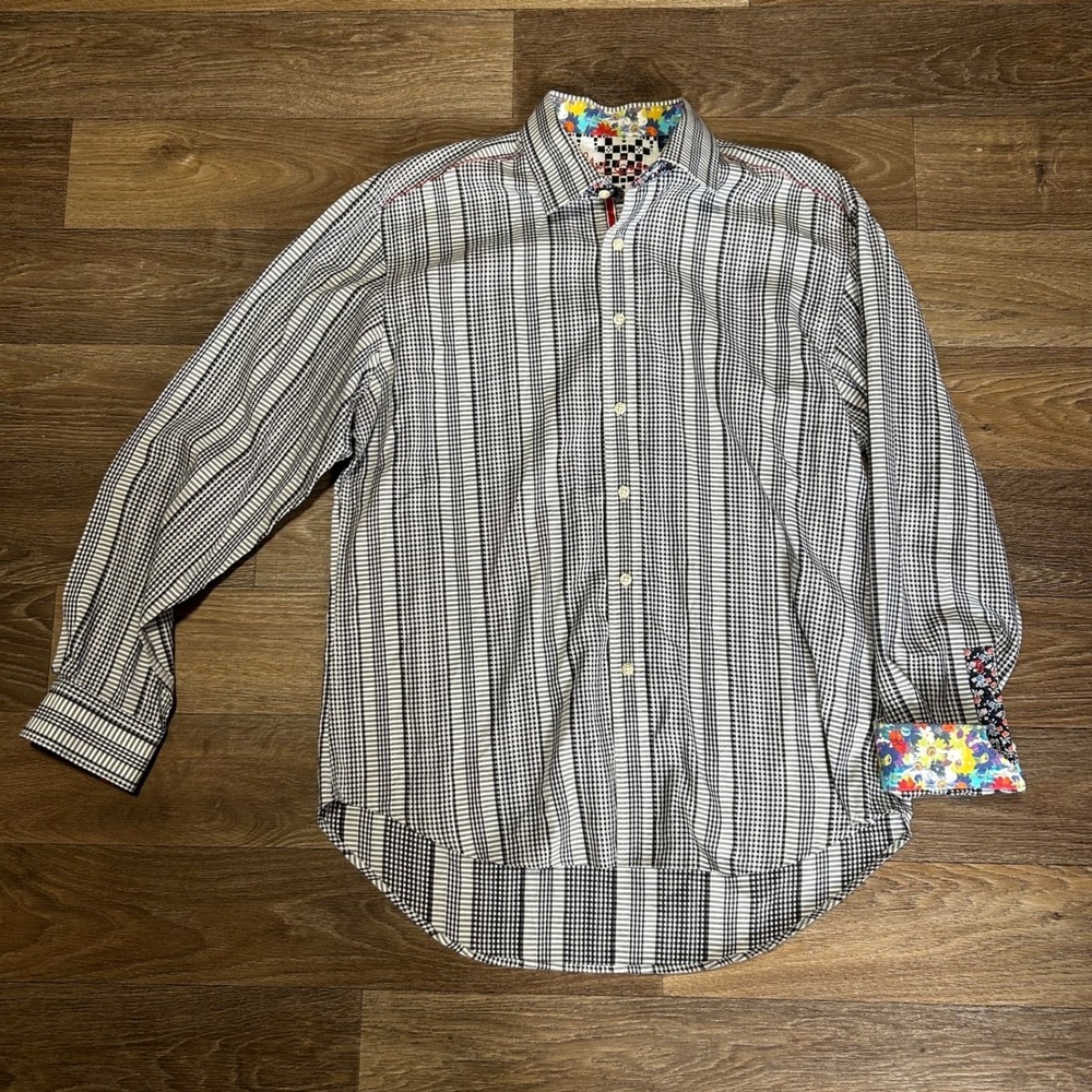 Robert Graham Button Down Shirt Mens XL Black White Plaid Floral Contrast Cuff